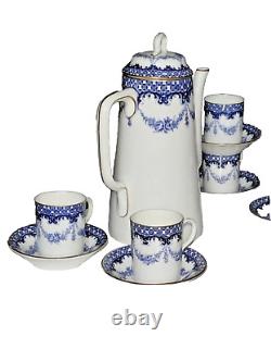 Antique c1912 Royal Worcester Bone China Coffee Set For 6 Blue Floral W5679 Rare