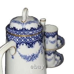 Antique c1912 Royal Worcester Bone China Coffee Set For 6 Blue Floral W5679 Rare