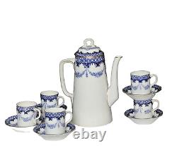 Antique c1912 Royal Worcester Bone China Coffee Set For 6 Blue Floral W5679 Rare