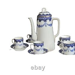 Antique c1912 Royal Worcester Bone China Coffee Set For 6 Blue Floral W5679 Rare