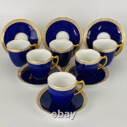 C1913 Antique 6 Royal Worcester Demitasse Cup & Saucer Jewelled Gold Gilt Cobalt