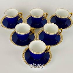 C1913 Antique 6 Royal Worcester Demitasse Cup & Saucer Jewelled Gold Gilt Cobalt