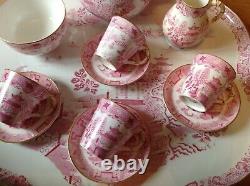 EXTREMELY RARE Antique Royal Worcester Pink Willow Pattern 12 Piece Cabaret Set