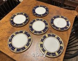 Fine antique set 6 Royal Worcester plates 10.5 in each in cobalt blue 24k gold