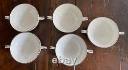 Lot of 5 Royal Worcester China Silver Chantilly Flat Cream Soup Bowls + Saucers