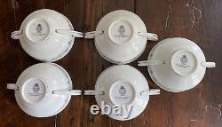 Lot of 5 Royal Worcester China Silver Chantilly Flat Cream Soup Bowls + Saucers