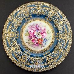 Pair Royal Worcester 1918 Gold Scroll Floral Cobalt Blue Cabinet Plates 10 3/8