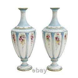 Pair Royal Worcester England Hand Painted Porcelain Urns Florals Blue circa 1895