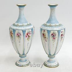 Pair Royal Worcester England Hand Painted Porcelain Urns Florals Blue circa 1895