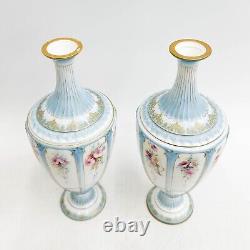 Pair Royal Worcester England Hand Painted Porcelain Urns Florals Blue circa 1895