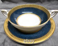 RARE Set/4 1929 Blue & Gold ROYAL WORCESTER Handled Soup Bowls + 6 Underplates