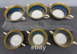 RARE Set/6 1929 Blue & Gold ROYAL WORCESTER Cream Soup Bouillon Handled Bowls