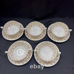 ROYAL WORCESTER Golden Sheaf Soup Cup Bowls & Saucers 10 PCs Vintage RARE Mint