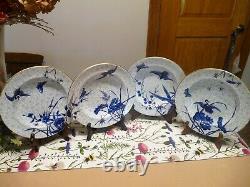 ROYAL WORCESTER H998 Hand-Painted ASIAN Blue Flowers & Crane SET 4 SOUP BOWLS