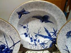 ROYAL WORCESTER H998 Hand-Painted ASIAN Blue Flowers & Crane SET 4 SOUP BOWLS