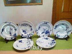 ROYAL WORCESTER H998 Hand-Painted ASIAN Blue Flowers & Crane SET 6 SOUP BOWLS