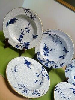 ROYAL WORCESTER H998 Hand-Painted ASIAN Blue Flowers & Crane SET 6 SOUP BOWLS
