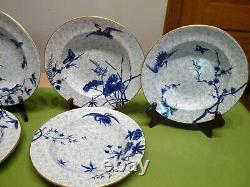 ROYAL WORCESTER H998 Hand-Painted ASIAN Blue Flowers & Crane SET 6 SOUP BOWLS