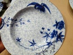 ROYAL WORCESTER H998 Hand-Painted ASIAN Blue Flowers & Crane SET 6 SOUP BOWLS