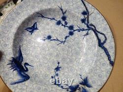 ROYAL WORCESTER H998 Hand-Painted ASIAN Blue Flowers & Crane SET 6 SOUP BOWLS