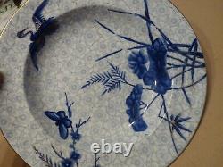 ROYAL WORCESTER H998 Hand-Painted ASIAN Blue Flowers & Crane SET 6 SOUP BOWLS