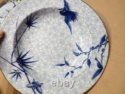 ROYAL WORCESTER H998 Hand-Painted ASIAN Blue Flowers & Crane SET 6 SOUP BOWLS