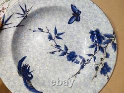 ROYAL WORCESTER H998 Hand-Painted ASIAN Blue Flowers & Crane SET 6 SOUP BOWLS