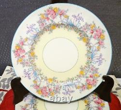 ROYAL WORCESTER Z502/1 JUNE Turquoise Rim SET 4 DINNER PLATE HandPainted FLOWERS