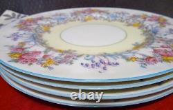 ROYAL WORCESTER Z502/1 JUNE Turquoise Rim SET 4 DINNER PLATE HandPainted FLOWERS