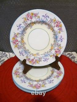 ROYAL WORCESTER Z502/1 JUNE Turquoise Rim SET 4 SALAD PLATES HandPainted FLOWERS