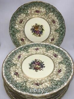 Rare! 50's Royal Worcester Green Heavy Gold & Flowers Set of 12 Chargers 10.75D