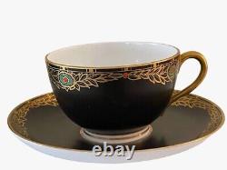 Rare Antique Royal Worcester (2) Black and Gold Teacups & Saucers- Pair Art Deco
