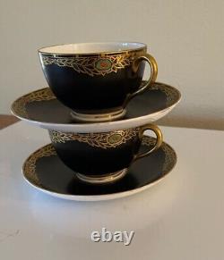 Rare Antique Royal Worcester (2) Black and Gold Teacups & Saucers- Pair Art Deco