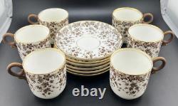 Rare Antique Royal Worcester Brown Ivy Demitasse Cups And Saucers Set Of 6