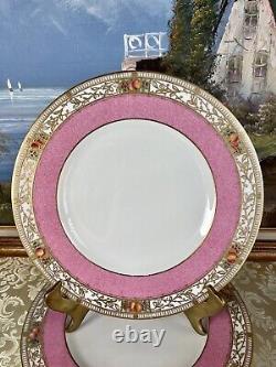 Rare Antique Royal Worcester Hand Painted Pink Gilt Inlaid Dinner Plate set of 8