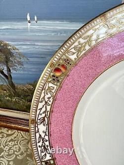 Rare Antique Royal Worcester Hand Painted Pink Gilt Inlaid Dinner Plate set of 8