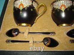 Rare Royal Worcester Art Deco Gilt gold cup sterling silver enamel spoon set box