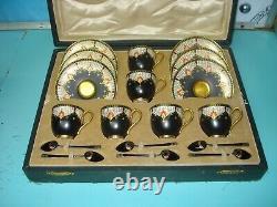 Rare Royal Worcester Art Deco Gilt gold cup sterling silver enamel spoon set box