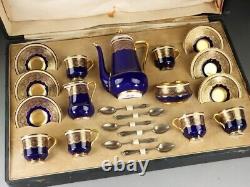 Rare Royal Worcester Japonisme Jewel & Cobalt Gold Coffee Set withOriginal Case