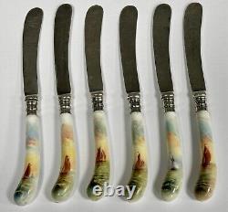 Rare Set 6 Royal Worcester Porcelain Silver Hand Painted Knives signed Rushton