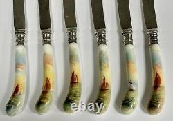 Rare Set 6 Royal Worcester Porcelain Silver Hand Painted Knives signed Rushton