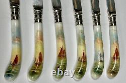 Rare Set 6 Royal Worcester Porcelain Silver Hand Painted Knives signed Rushton