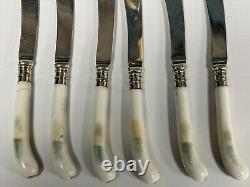 Rare Set 6 Royal Worcester Porcelain Silver Hand Painted Knives signed Rushton