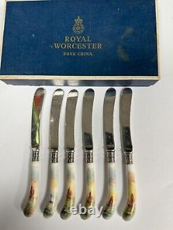 Rare Set 6 Royal Worcester Porcelain Silver Hand Painted Knives signed Rushton