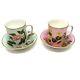 Royal Worcester 2 antique demitasse cups & saucers pink aqua flowers & butterfly