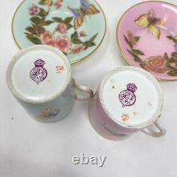 Royal Worcester 2 antique demitasse cups & saucers pink aqua flowers & butterfly