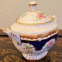 Royal Worcester Charlotte Cobalt Gold Encrusted Cabbage Rose Sugar Bowl Lid Set