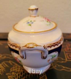 Royal Worcester Charlotte Cobalt Gold Encrusted Cabbage Rose Sugar Bowl Lid Set