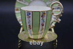 Royal Worcester English 1893 Hand Painted Flowers Green & Gold Demitasse Cup Set