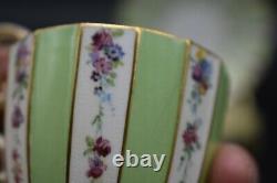 Royal Worcester English 1893 Hand Painted Flowers Green & Gold Demitasse Cup Set